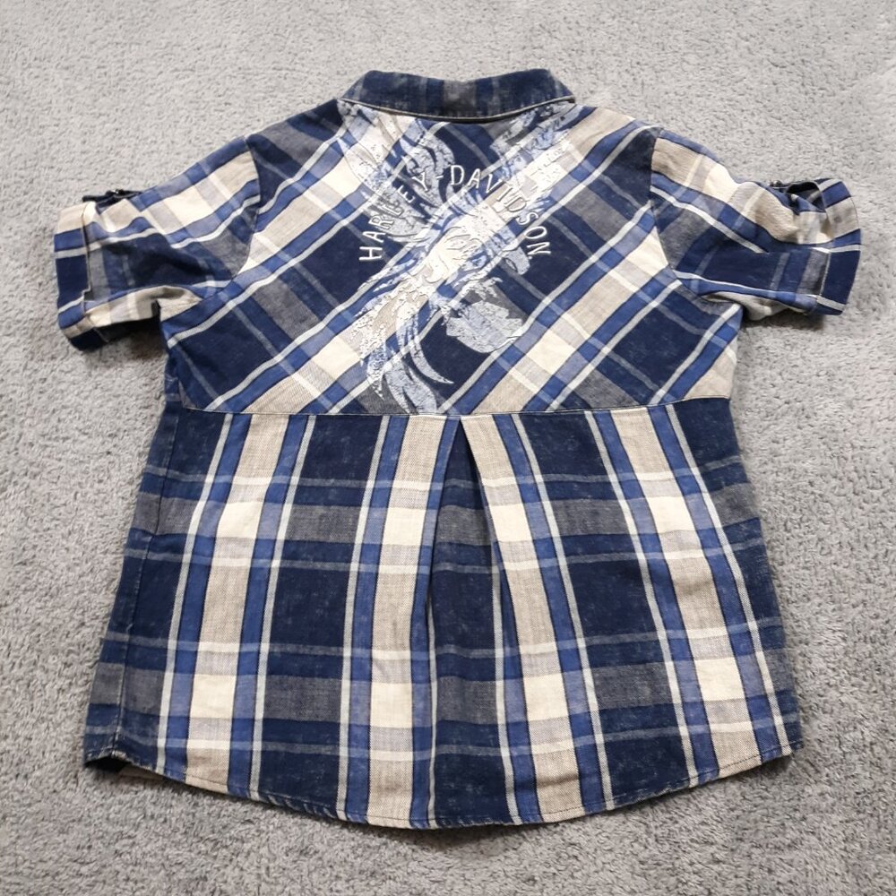 Harley Davidson Short Sleeve Shirt Womens M Blue‎ Plaid Cotton Biker Motorcycle